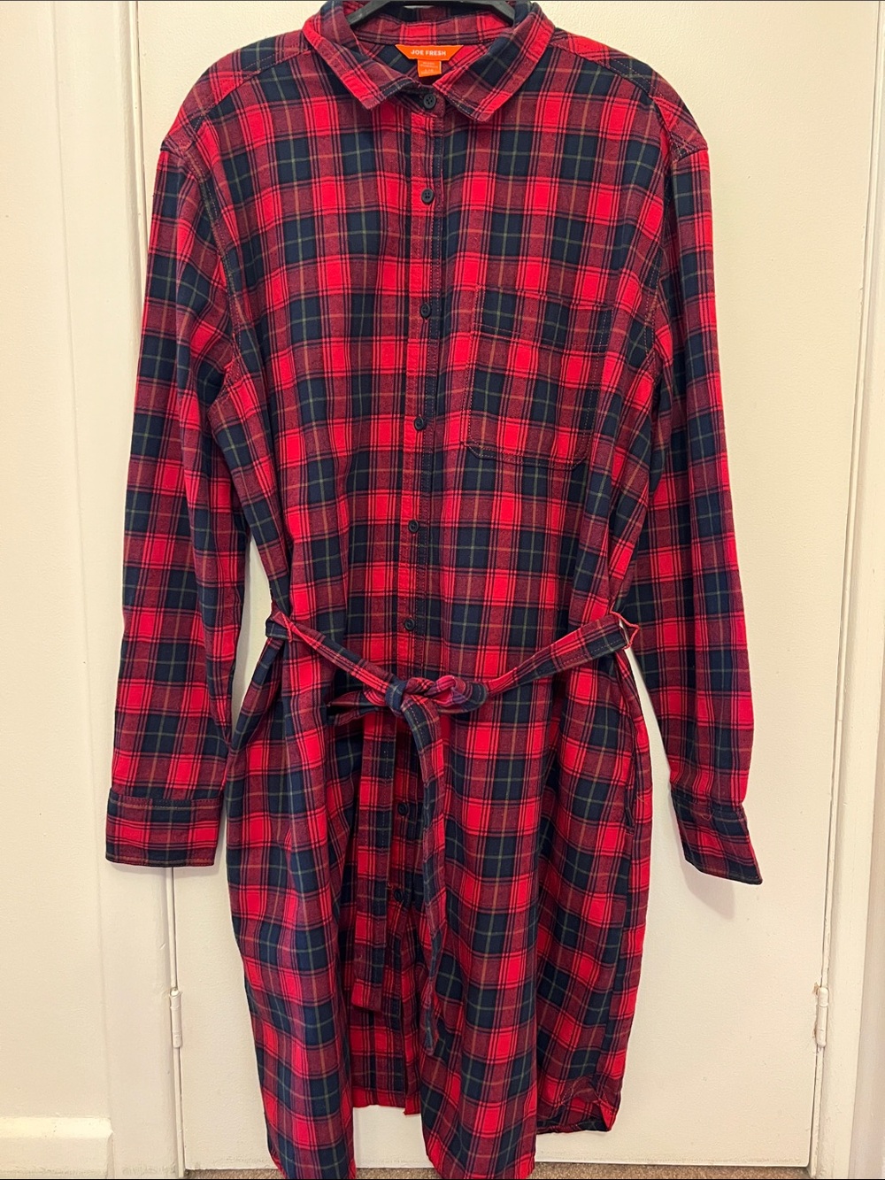 100% Cotton Red & Navy Plaid Button-Up Shirt Dress